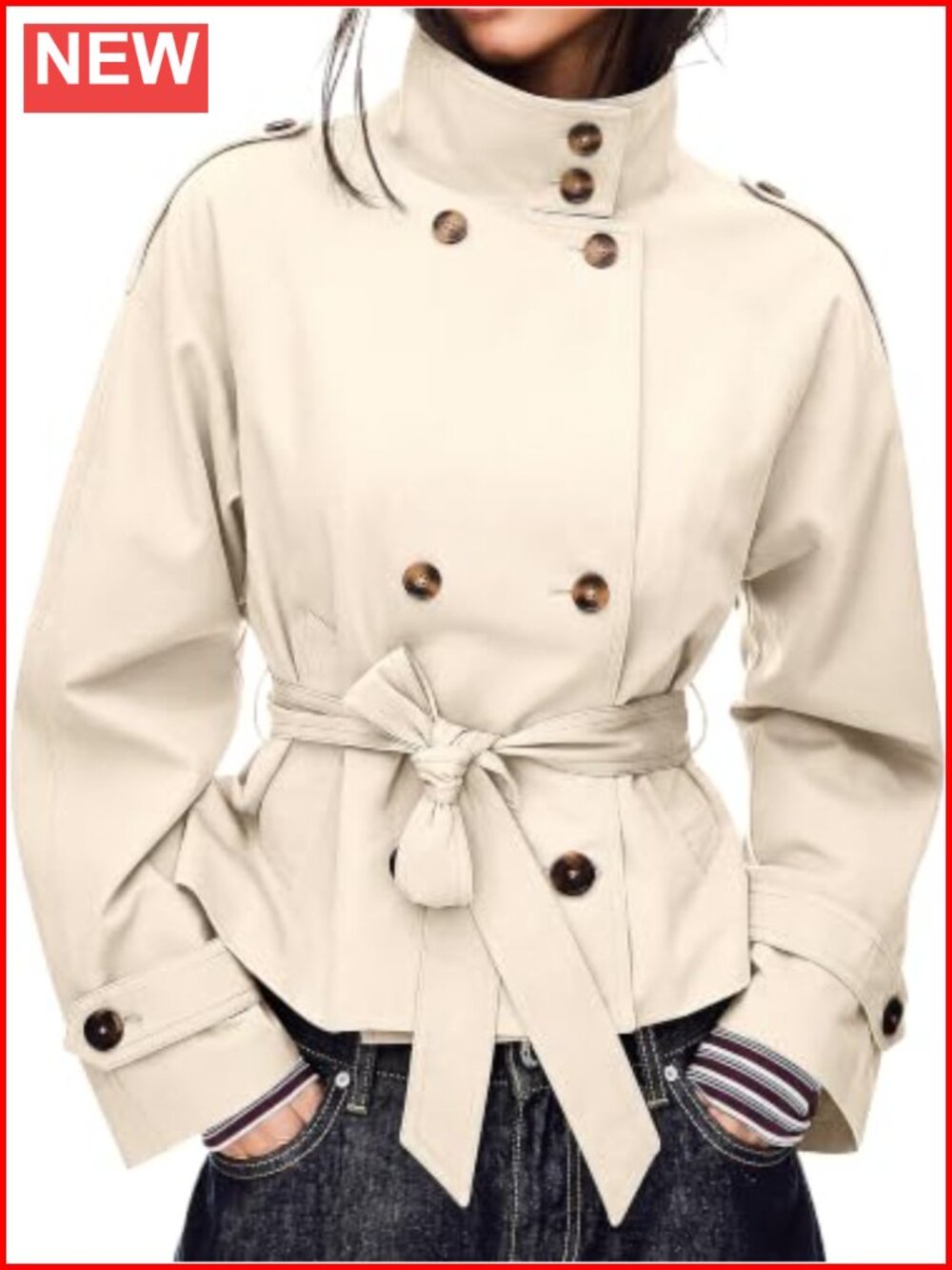 Cropped Trench Coat Double Breasted High Collar Short Jacket